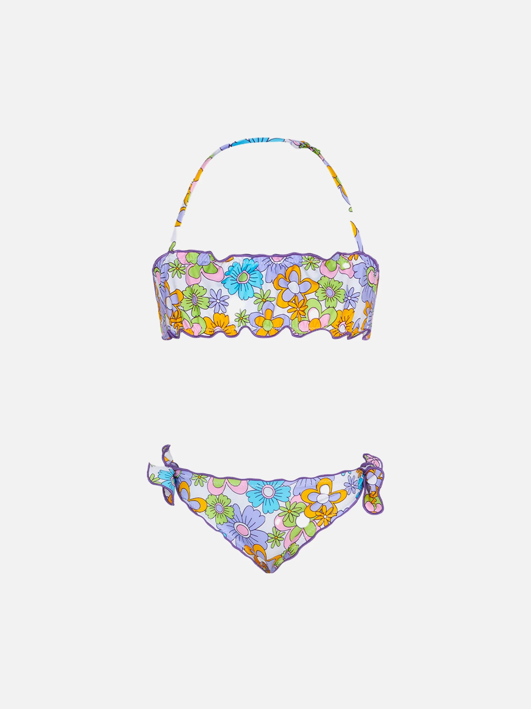 Mädchen-Bandeau-Bikini mit mehrfarbigem Blumendruck