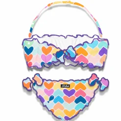 Mädchen-Bandeau-Bikini mit mehrfarbigem Herz-Print