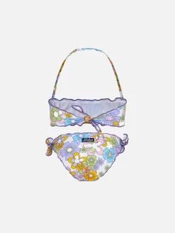 Mädchen-Bandeau-Bikini mit mehrfarbigem Blumendruck