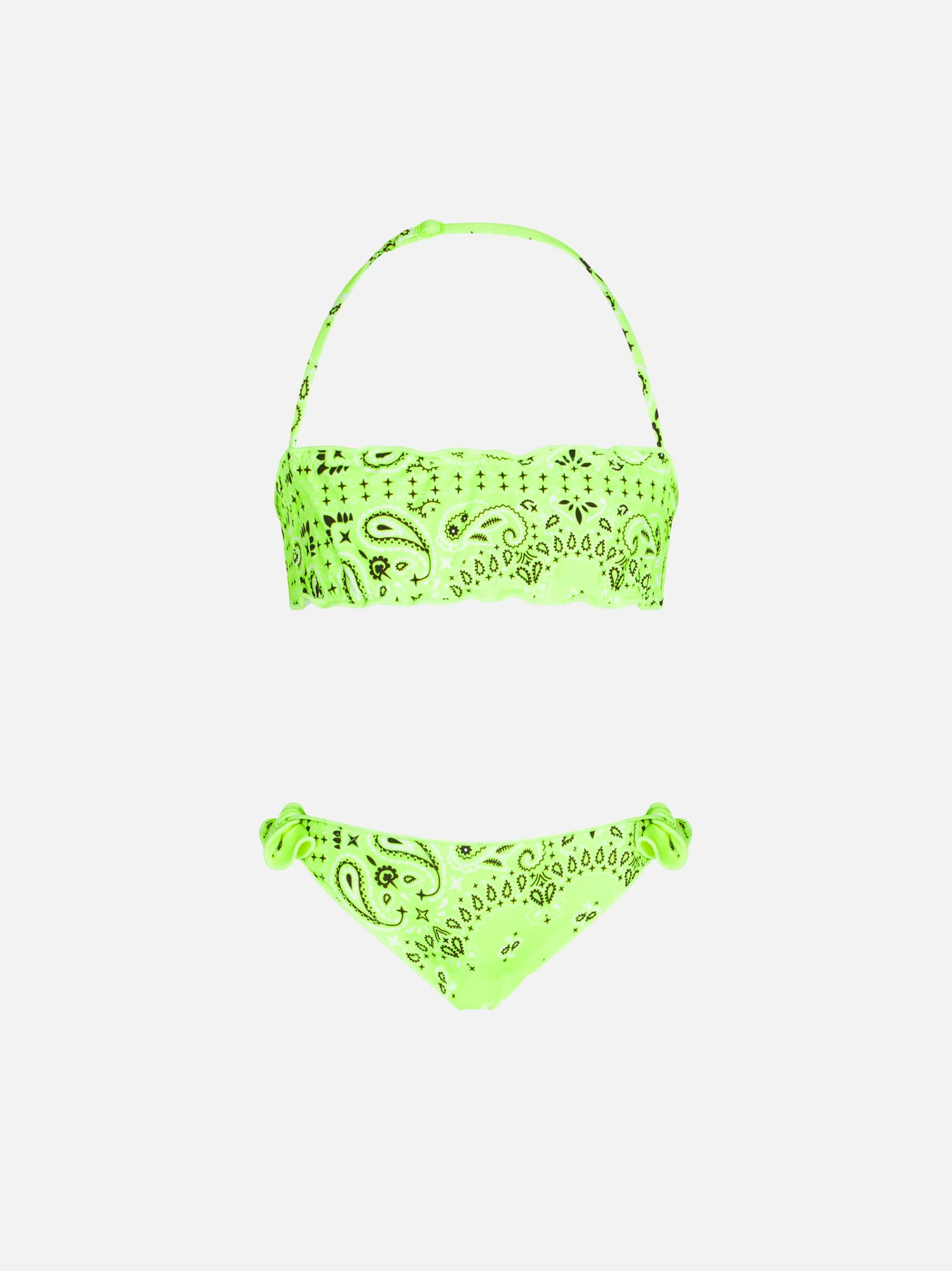 Mädchen-Bandeau-Bikini mit neongelbem Bandana-Print