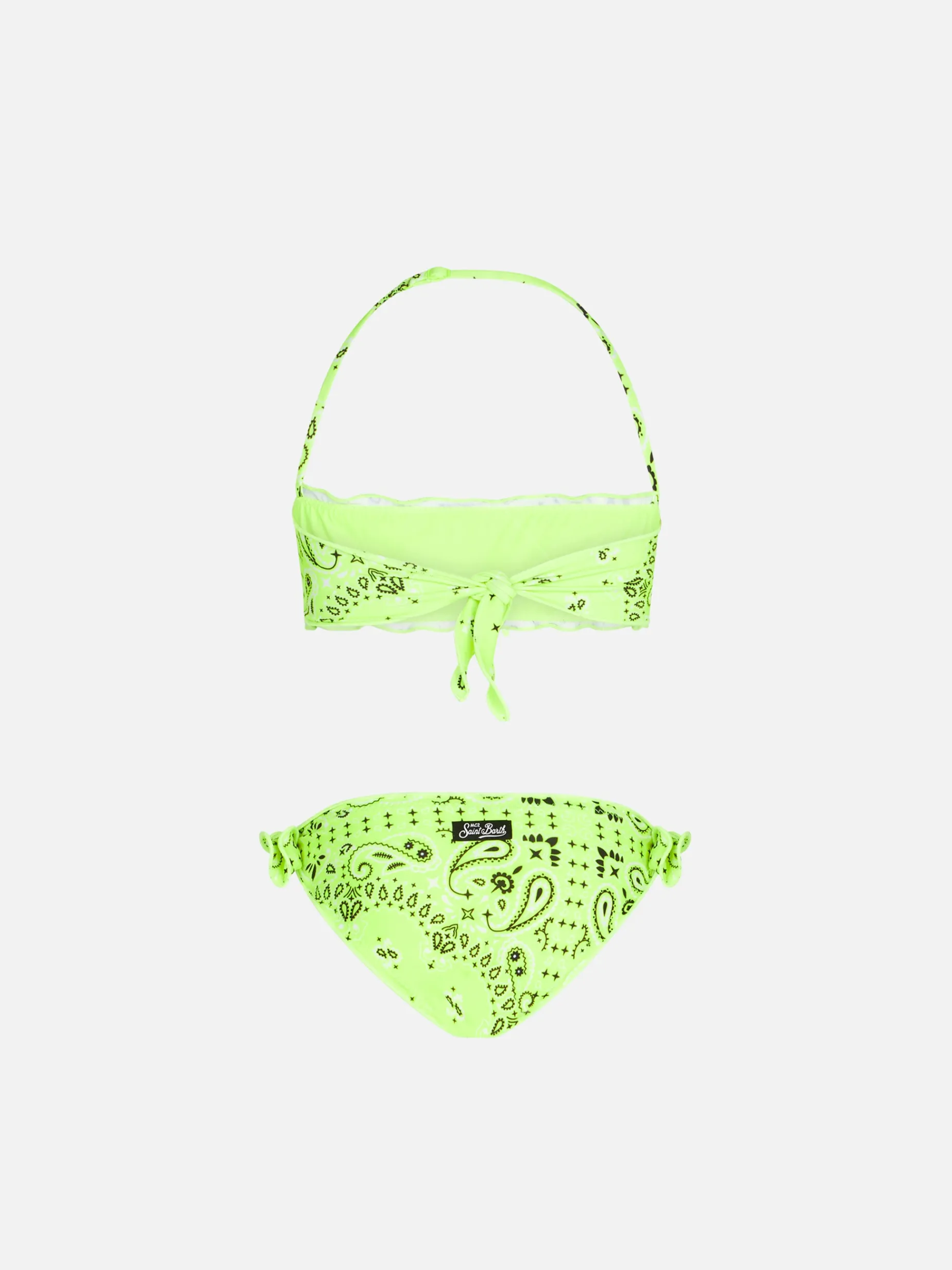 Mädchen-Bandeau-Bikini mit neongelbem Bandana-Print