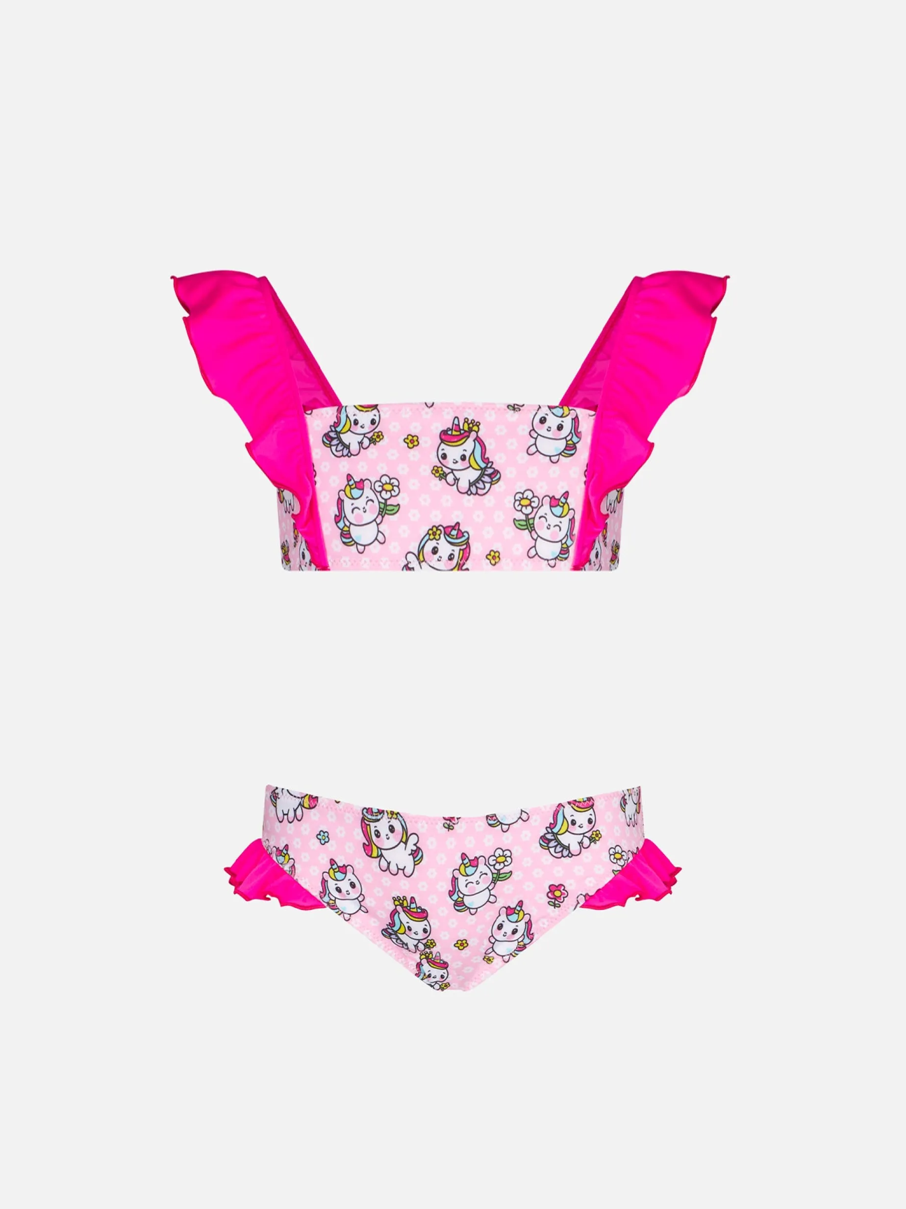 Mädchen-Bandeau-Bikini mit Rüschen und Einhorn-Print