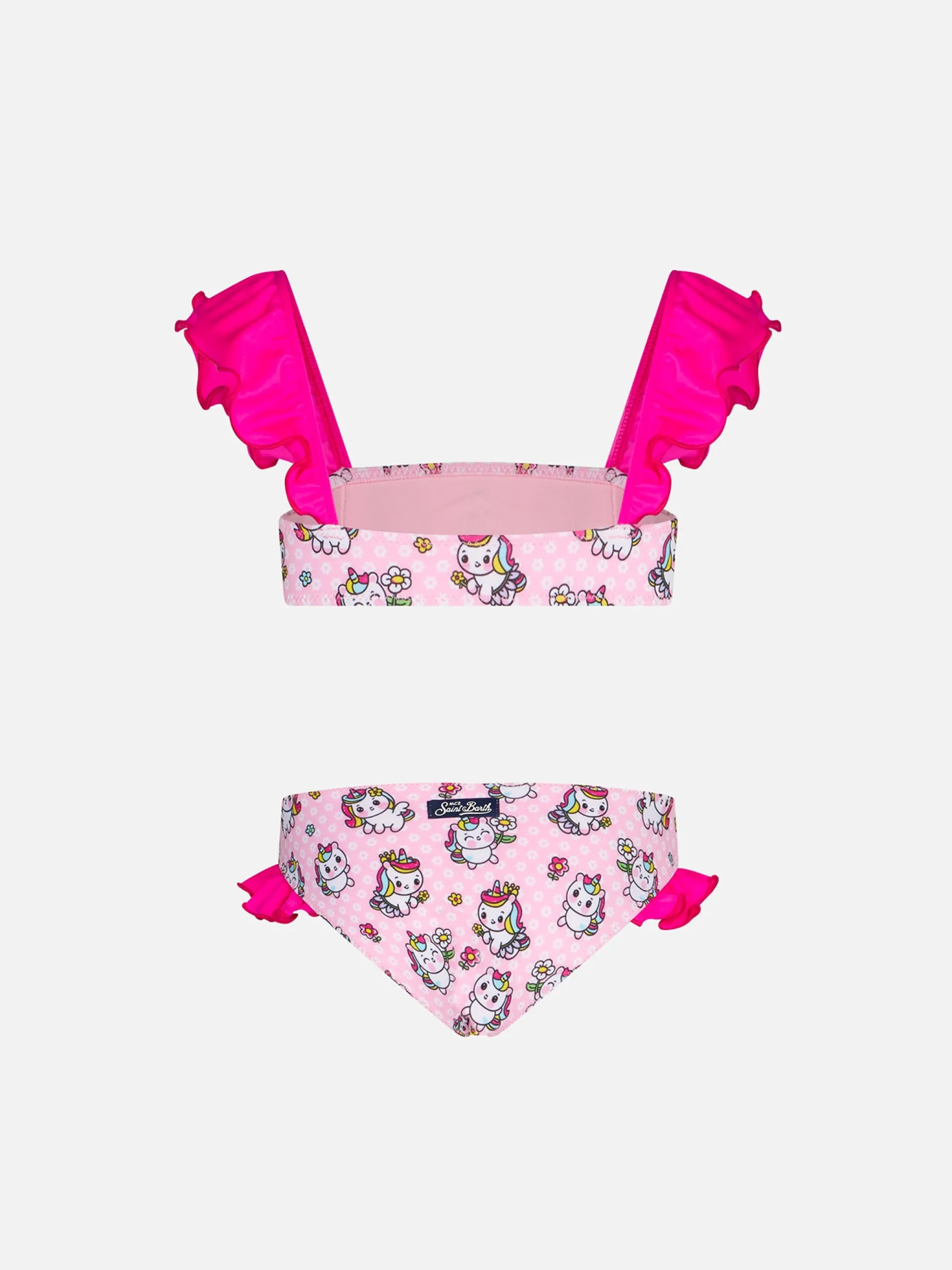 Mädchen-Bandeau-Bikini mit Rüschen und Einhorn-Print