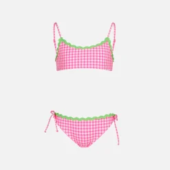 Mädchen-Bralette-Bikini mit Vichy-Muster in Weiß und Fuchsia