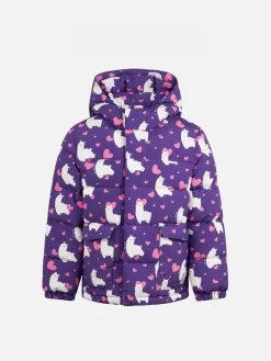 Mädchen-Daunenjacke mit Kapuze und Alpaka- und Herz-Print