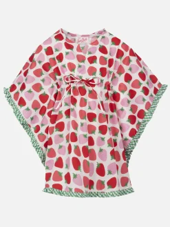 Mädchen-Kaftan aus Baumwolle mit Rüschen und Erdbeer-Print