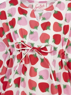 Mädchen-Kaftan aus Baumwolle mit Rüschen und Erdbeer-Print