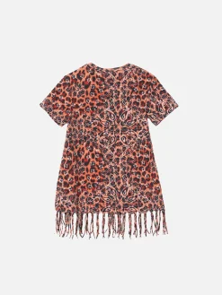 Mädchenkleid aus Baumwolle mit Leopardenmuster und Fransen