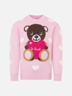 Mädchenpullover mit Rundhalsausschnitt und Teddybär-Stickerei
