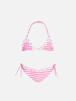 Mädchen-Triangel-Bikini mit Streifen in Neonrosa