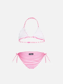 Mädchen-Triangel-Bikini mit Streifen in Neonrosa