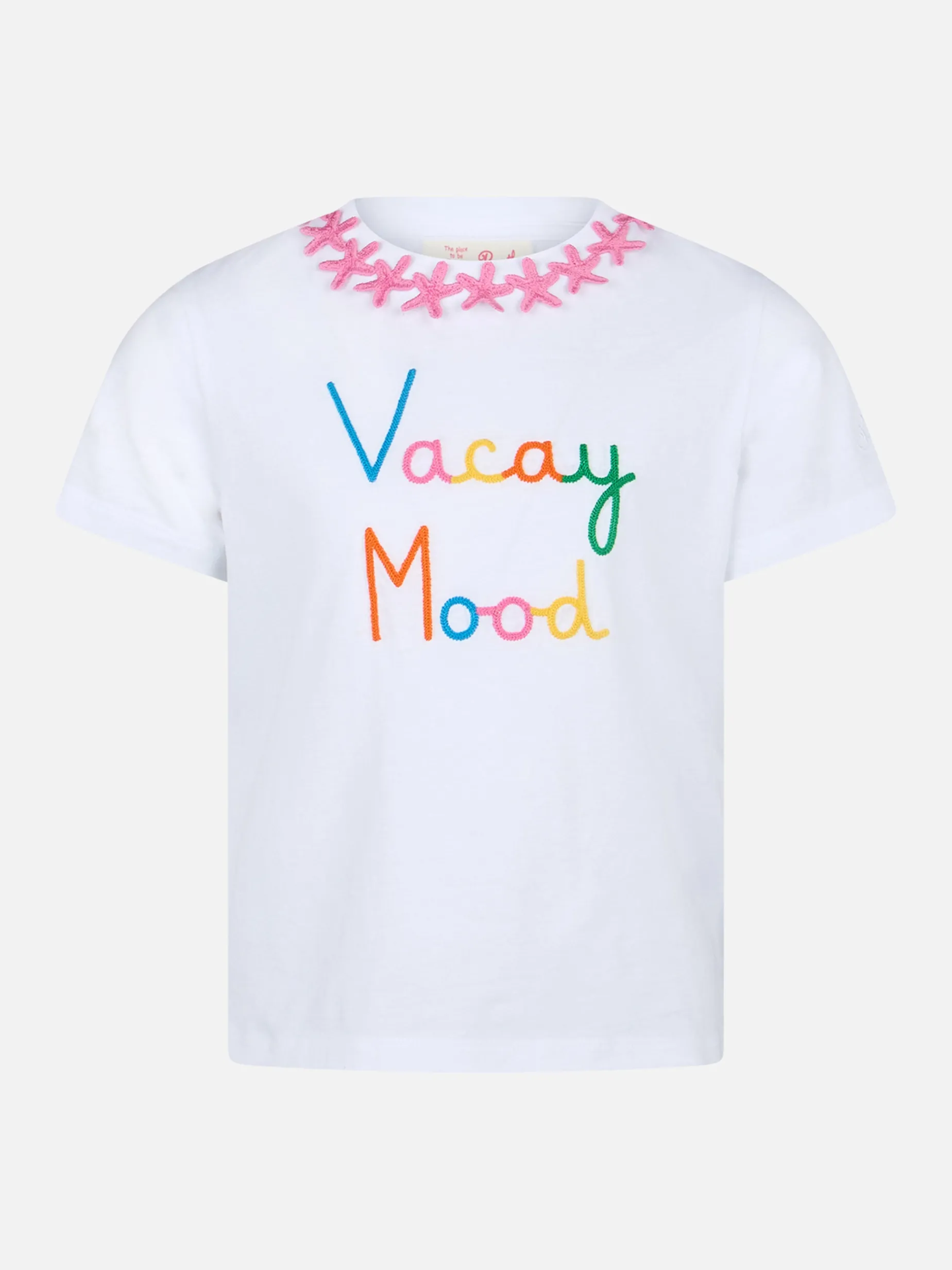 Mädchen-T-Shirt Elly aus Baumwolljersey mit Rundhalsausschnitt und Vacay-Mood-Stickerei