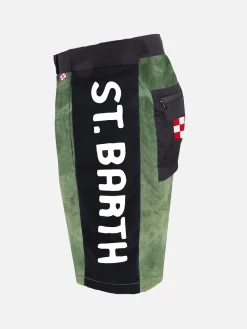 Militärgrüne Badeshorts mit kontrastierendem Seitenband