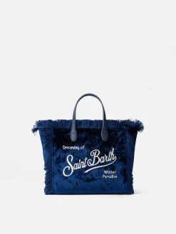 Mini Vanity – marineblaue Samthandtasche mit silbernen Punkten