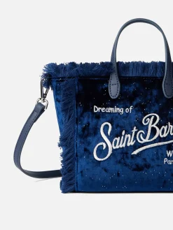 Mini Vanity – marineblaue Samthandtasche mit silbernen Punkten