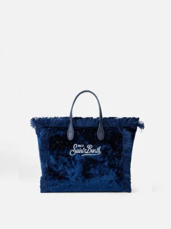 Mini Vanity – marineblaue Samthandtasche mit silbernen Punkten