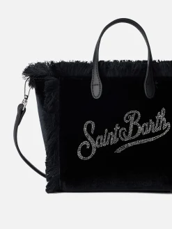 Mini Vanity Handtasche aus schwarzem Samt mit Saint Barth-Strass-Logo
