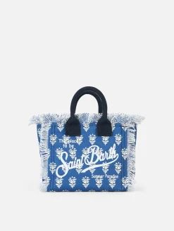Mini-Kosmetiktasche aus Baumwollcanvas mit indigoblauem Blumendruck