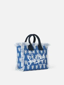 Mini-Kosmetiktasche aus Baumwollcanvas mit indigoblauem Blumendruck