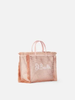Mini-Vanity-Tasche mit Fransen und roségoldenen Strasssteinen