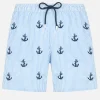 Mittellange Badeshorts für Herren aus Seersucker „Gustavia“ mit Ankerstickerei