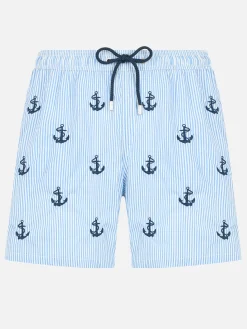 Mittellange Badeshorts für Herren aus Seersucker „Gustavia“ mit Ankerstickerei