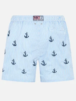 Mittellange Badeshorts für Herren aus Seersucker „Gustavia“ mit Ankerstickerei