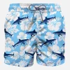 Mittellange Badeshorts mit Sharks-Samtdruck