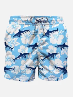 Mittellange Badeshorts mit Sharks-Samtdruck