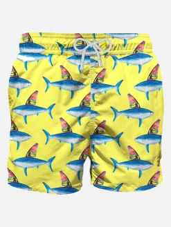 Mittellange Badeshorts mit Hai-Print