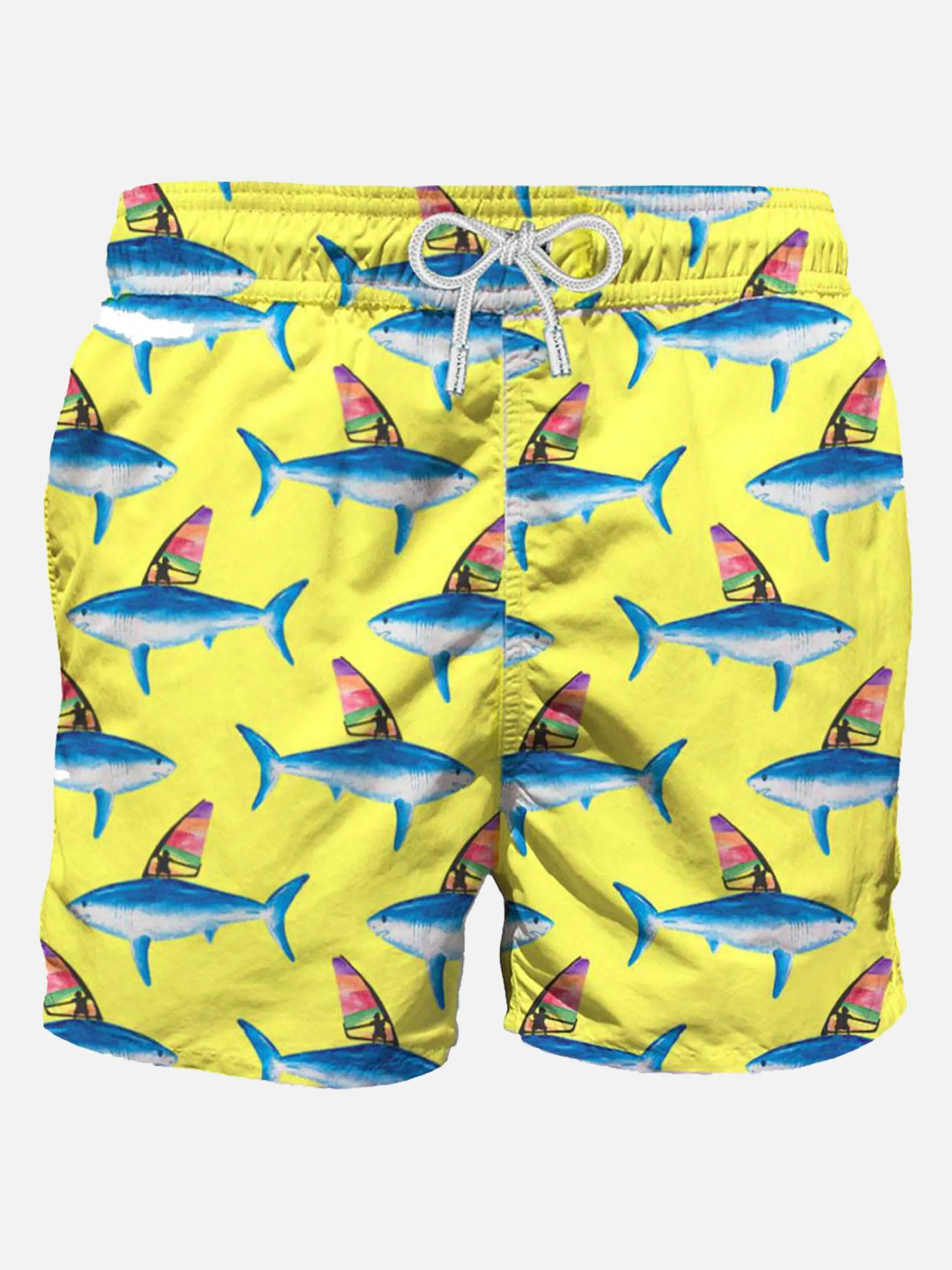 Mittellange Badeshorts mit Hai-Print