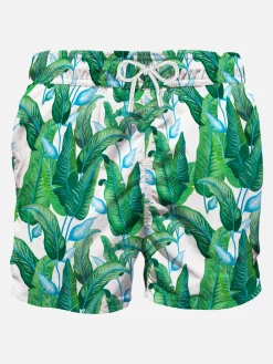 Mittellange Badeshorts mit tropischem Blätterprint