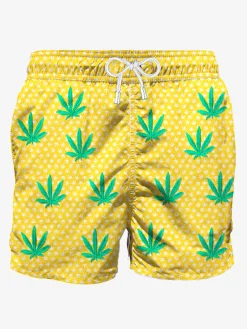 Mittellange Badeshorts mit bestickten Blättern