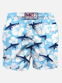 Mittellange Badeshorts mit Sharks-Samtdruck