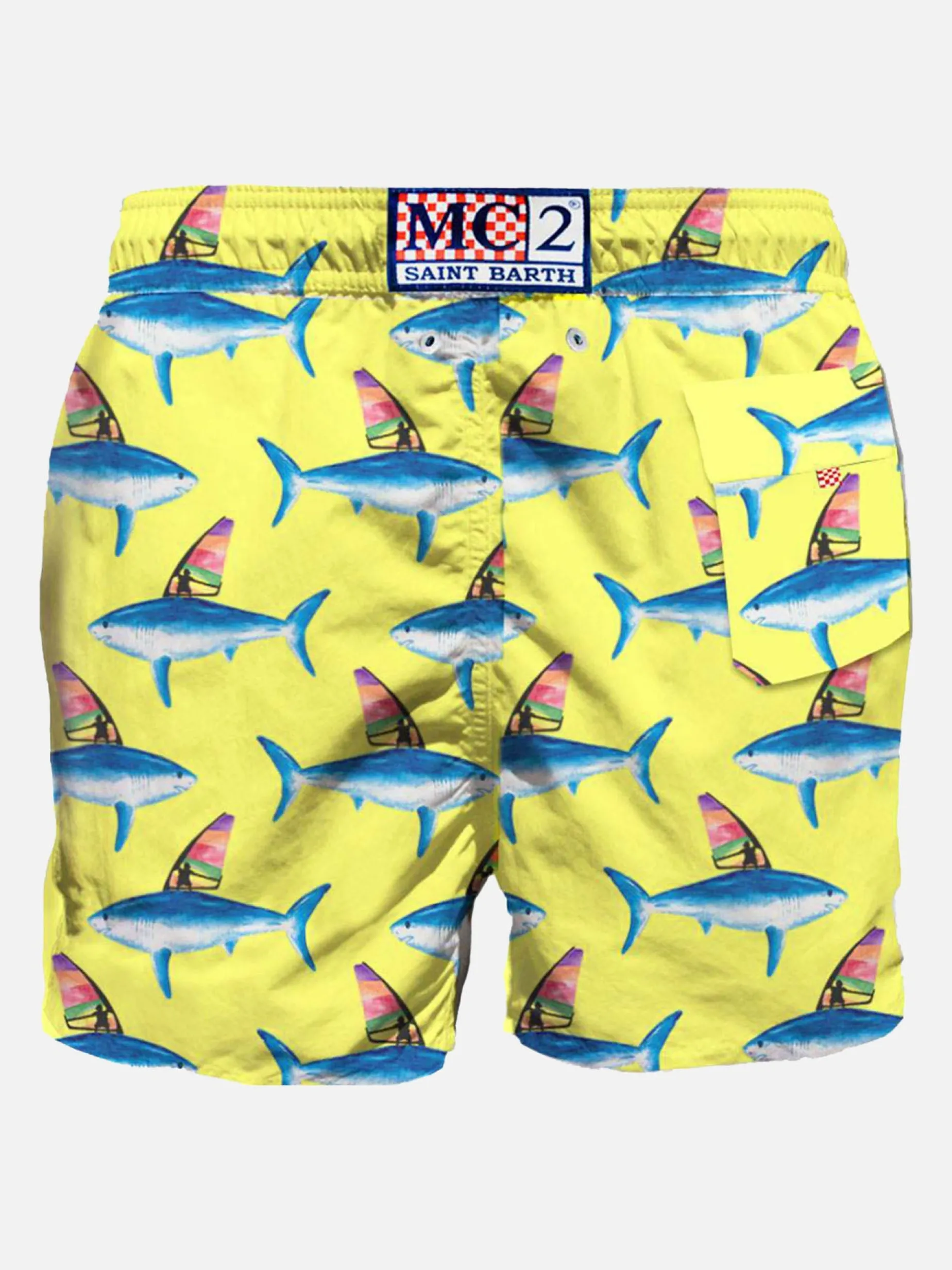 Mittellange Badeshorts mit Hai-Print
