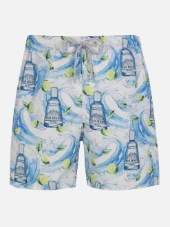 Mittellange gestreifte Gustavia-Badeshorts für Herren mit Gin-Print | GIN MARE SONDEREDITION