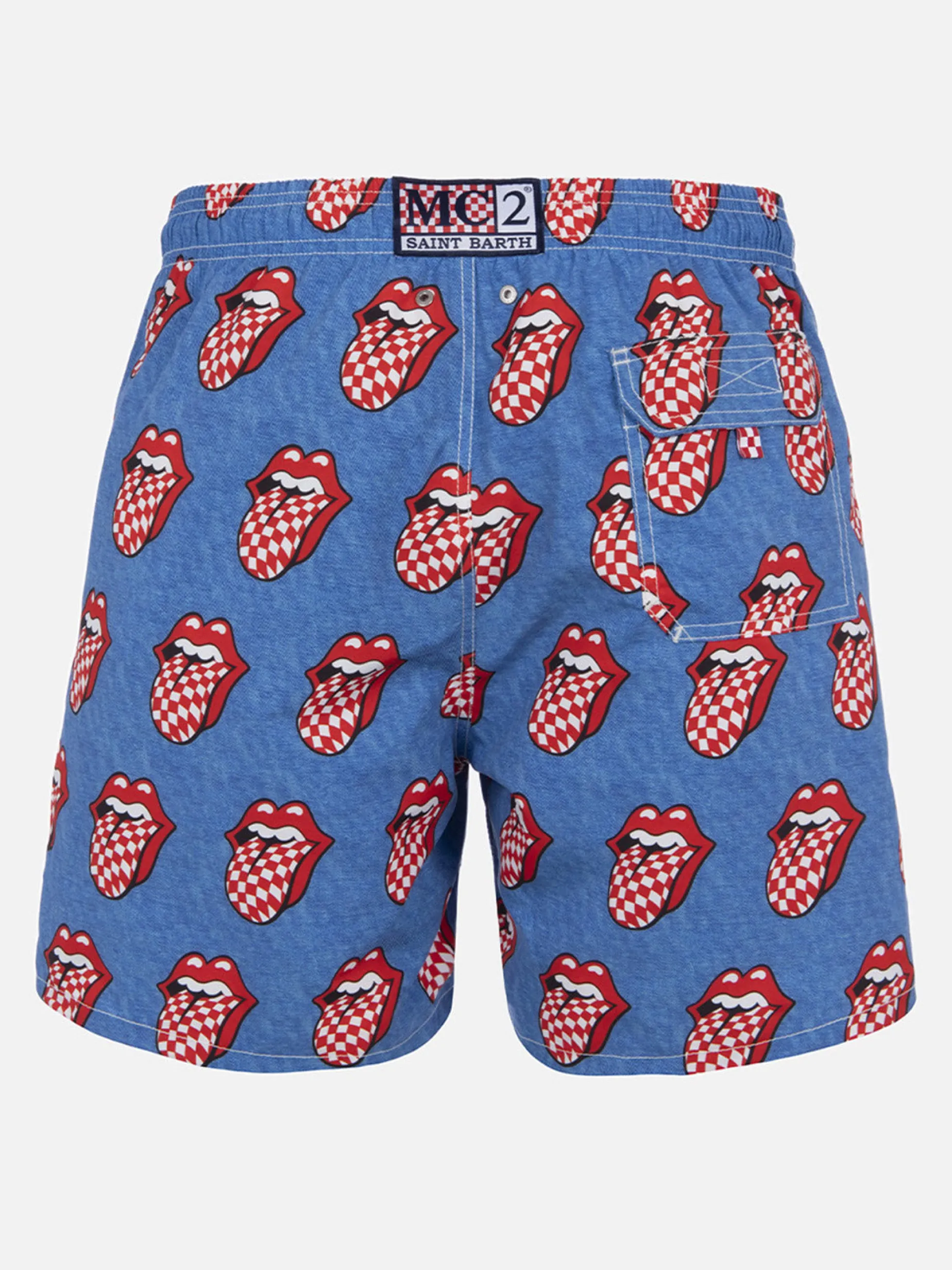 Mittellange gestreifte Gustavia-Badeshorts für Herren mit Rolling-Stones-Aufdruck | ROLLING STONES SONDEREDITION