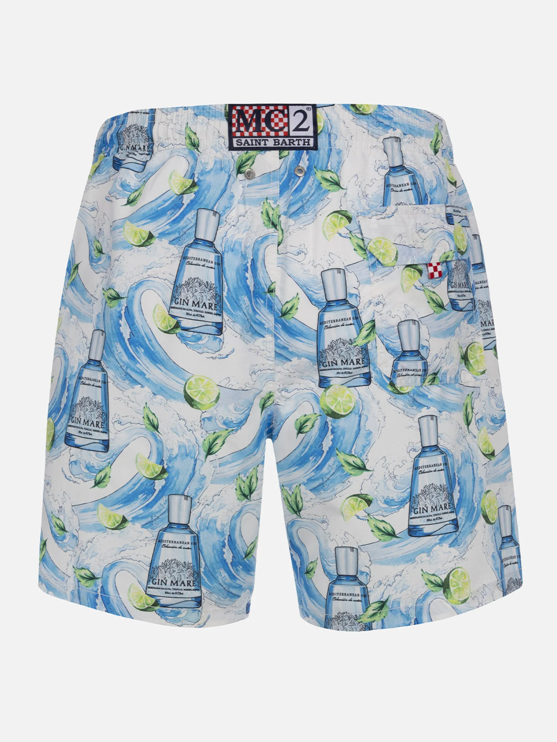 Mittellange gestreifte Gustavia-Badeshorts für Herren mit Gin-Print | GIN MARE SONDEREDITION