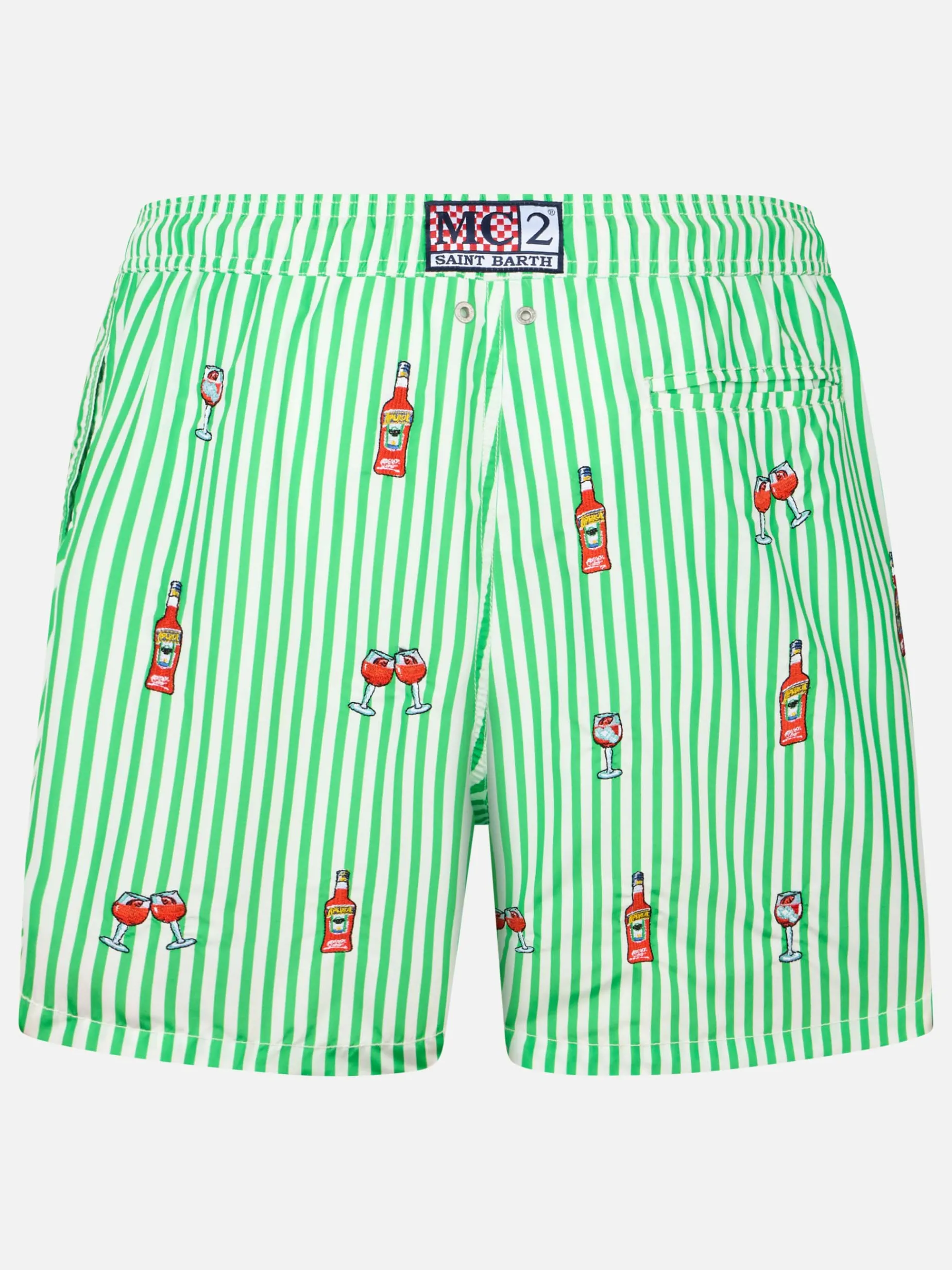 Mittellange gestreifte Gustavia-Badeshorts für Herren mit Aperol Spritz-Stickerei | APEROL SONDEREDITION