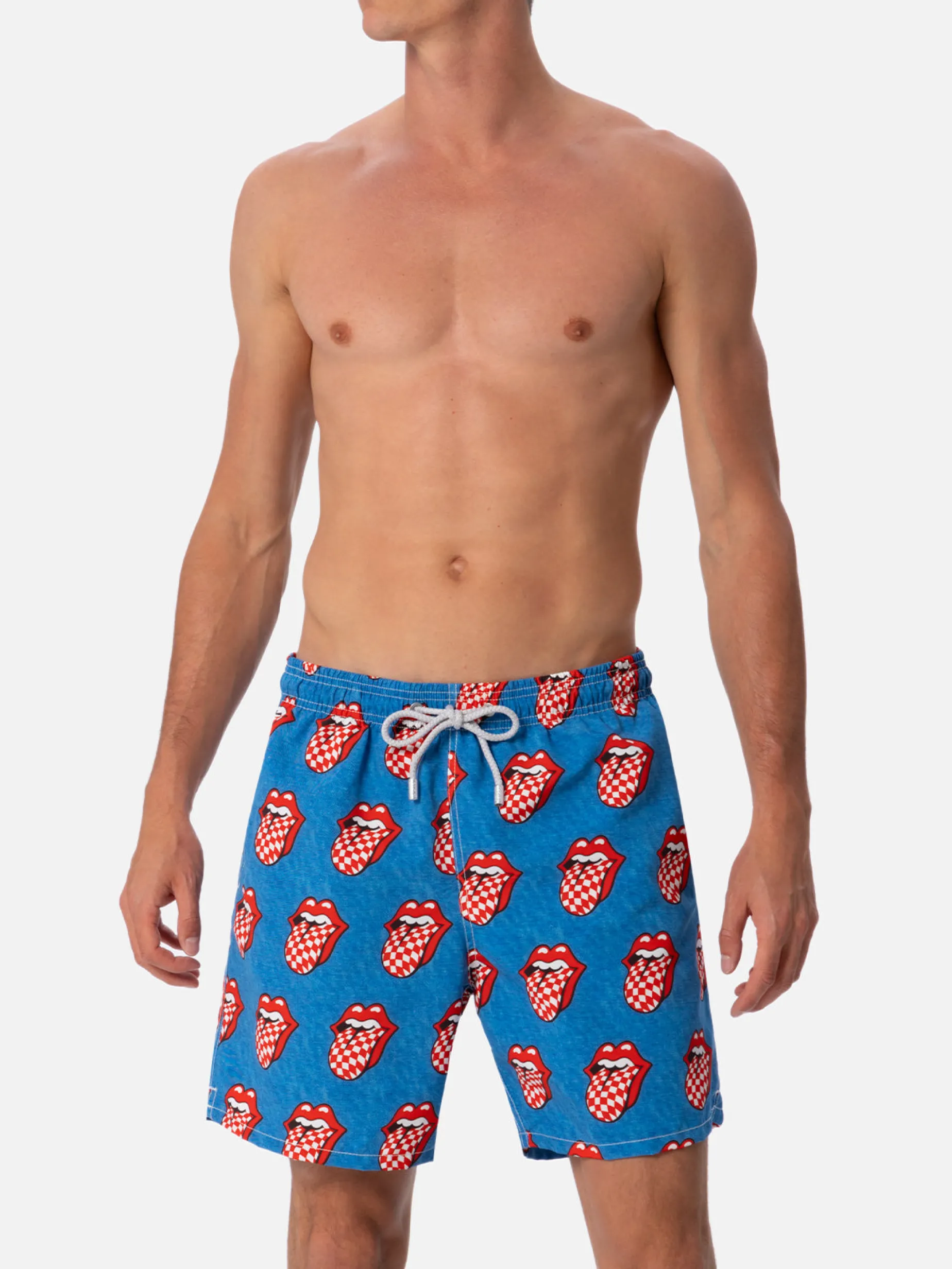 Mittellange gestreifte Gustavia-Badeshorts für Herren mit Rolling-Stones-Aufdruck | ROLLING STONES SONDEREDITION
