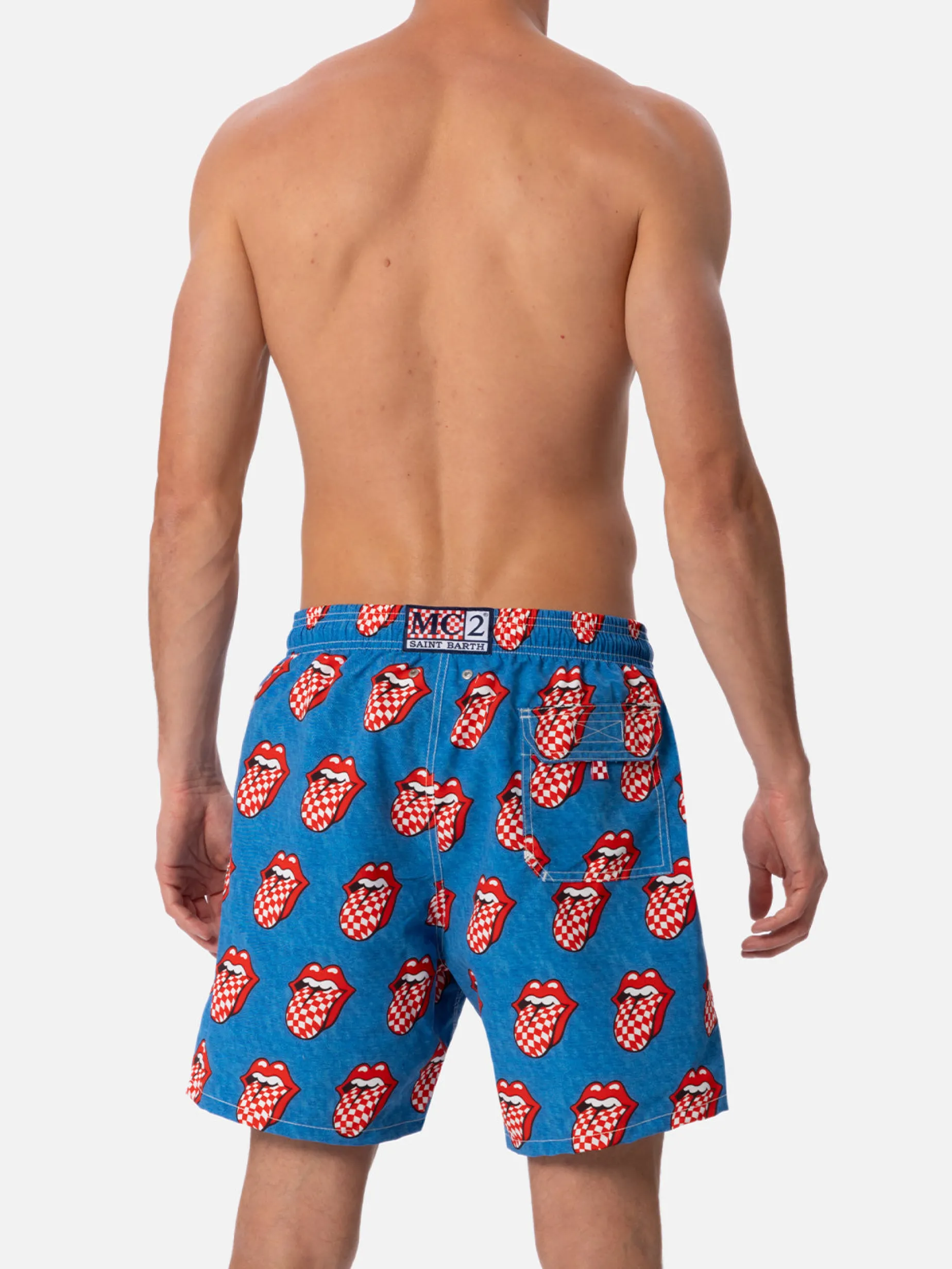 Mittellange gestreifte Gustavia-Badeshorts für Herren mit Rolling-Stones-Aufdruck | ROLLING STONES SONDEREDITION