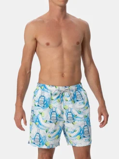 Mittellange gestreifte Gustavia-Badeshorts für Herren mit Gin-Print | GIN MARE SONDEREDITION