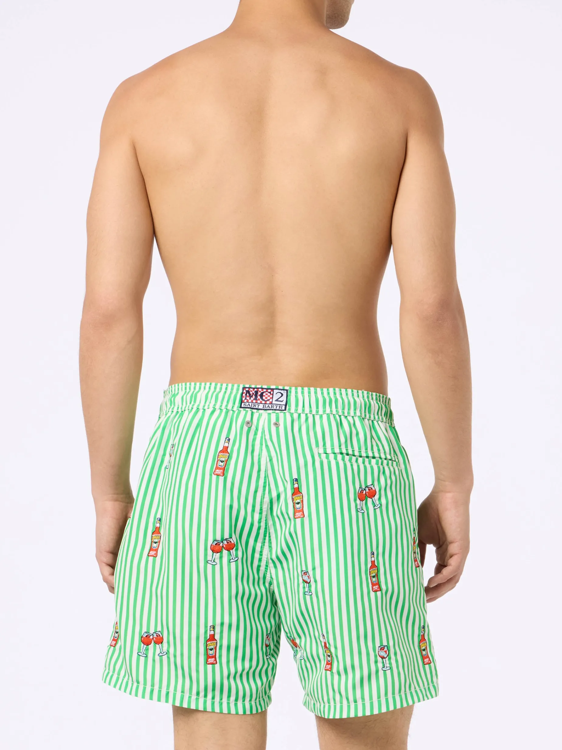 Mittellange gestreifte Gustavia-Badeshorts für Herren mit Aperol Spritz-Stickerei | APEROL SONDEREDITION