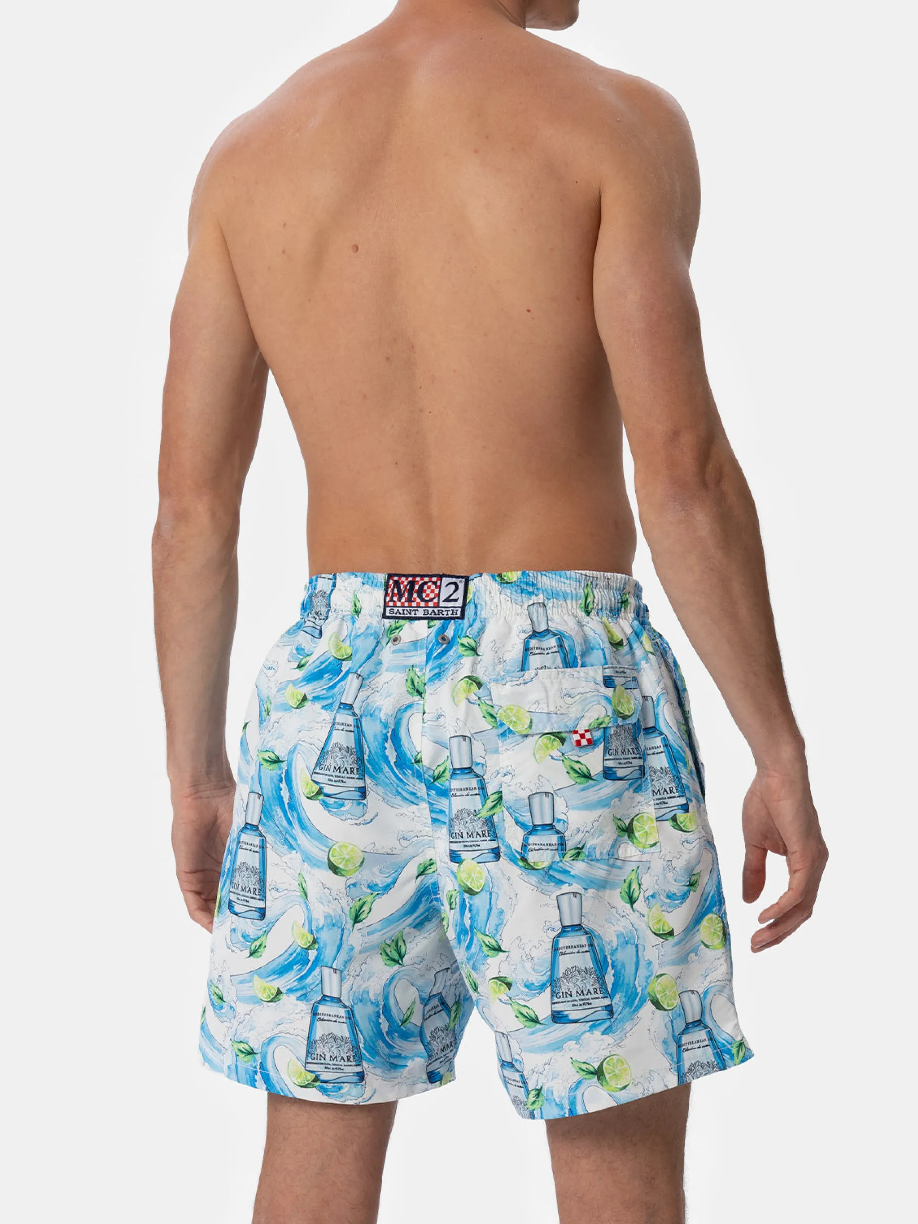 Mittellange gestreifte Gustavia-Badeshorts für Herren mit Gin-Print | GIN MARE SONDEREDITION