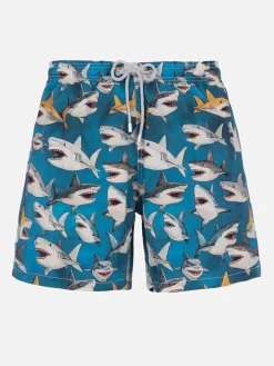 Mittellange Gustavia-Badeshorts für Herren mit Hai-Print | AI CO-CREATED DESIGN BY RICKDICK - POWERED BY RED-EYE