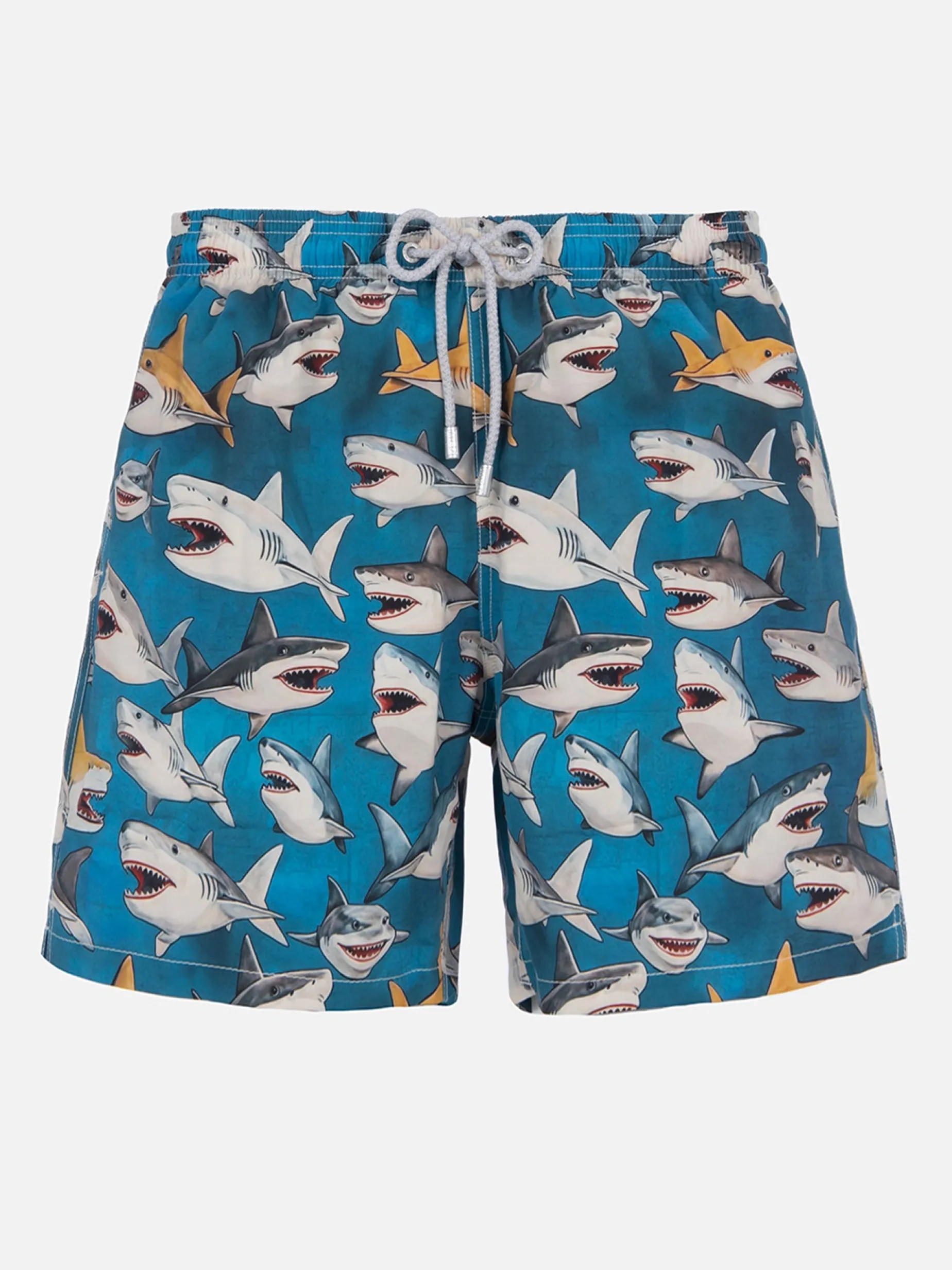 Mittellange Gustavia-Badeshorts für Herren mit Hai-Print | AI CO-CREATED DESIGN BY RICKDICK - POWERED BY RED-EYE