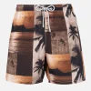Mittellange Gustavia-Badeshorts für Herren mit Foto-Sonnenuntergang-Print | AI CO-CREATED DESIGN BY RICKDICK - POWERED BY RED-EYE