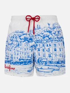 Mittellange Gustavia-Badeshorts für Herren mit platziertem Portofino-Aufdruck
