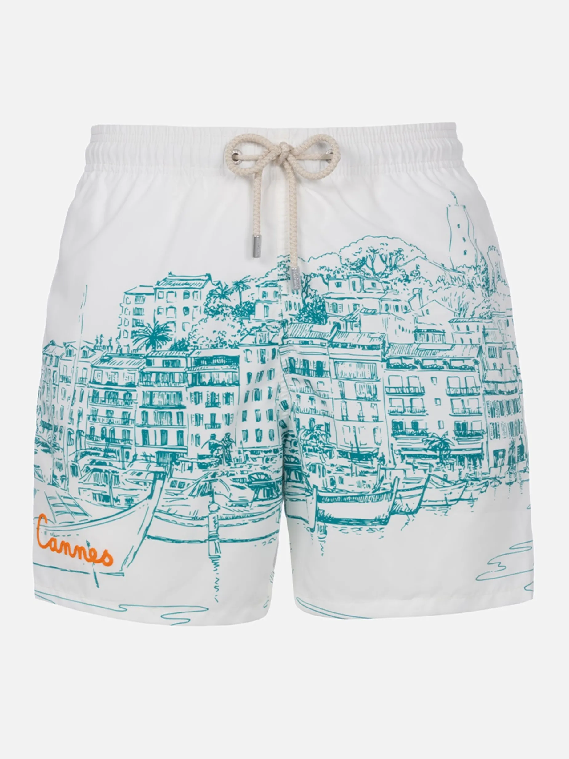 Mittellange Gustavia-Badeshorts für Herren mit platziertem Cannes-Aufdruck