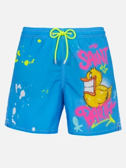 Mittellange Gustavia-Badeshorts für Herren mit platziertem Enten-Cryptopuppets-Aufdruck | CRYPTOPUPPET-SONDERAUSGABE